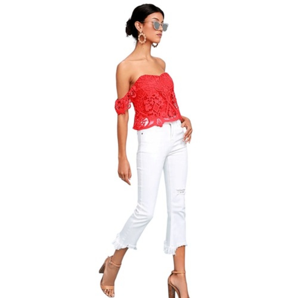 LUSH Red Lace Off Shoulder Cropped Top Style Size L Juniors